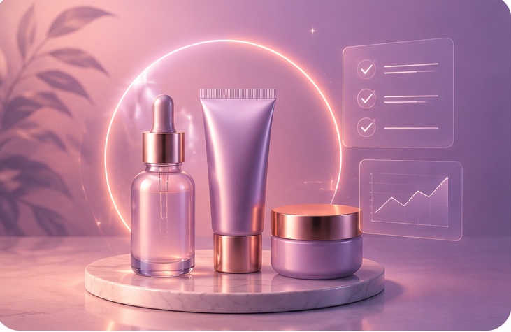 Editorial still life of cosmetics on a soft canvas