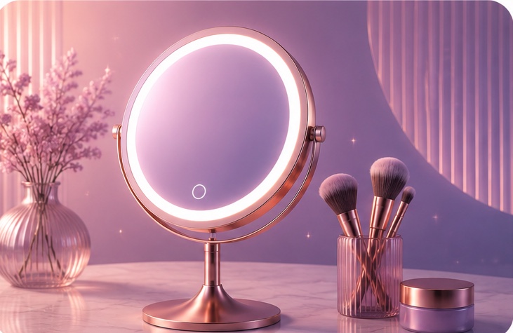 Lit vanity mirror with brushes on a marble dressing table